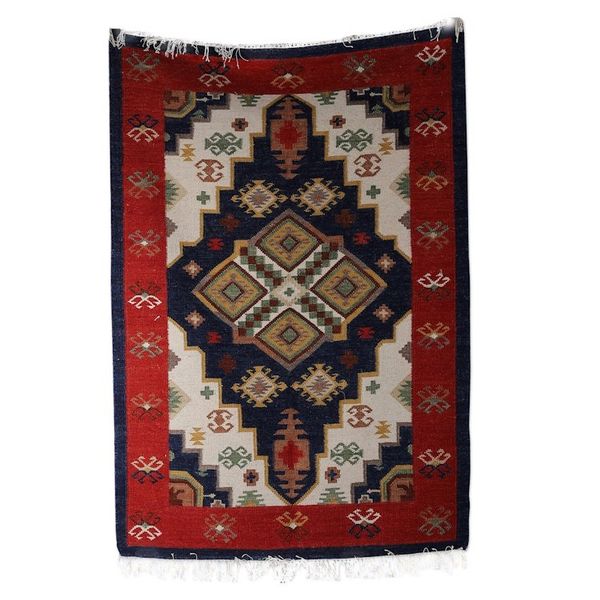Alternate image for Classic Geometric Strawberry and Navy Wool Area Rug 4x6 Striking Symmetry