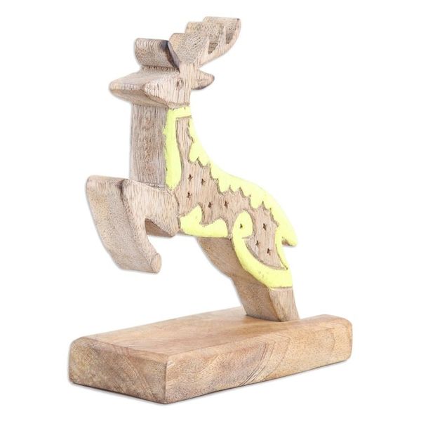 Alternate image for Hand-Carved Mango Wood Reindeer Sculpture with Yellow Tones Reindeer Dream