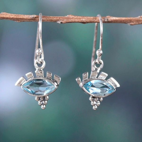 Alternate image for Two-Carat Marquise-Shaped Blue Topaz Dangle Earrings Iridescent Stare