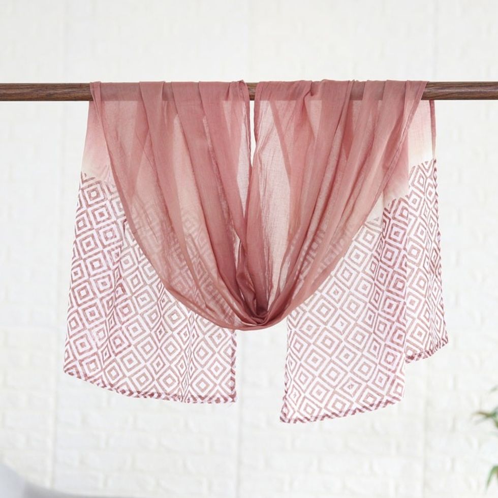 Soft Rosewood Cotton Shawl with Diamond Motifs Made in India 'Rosewood Diamonds'