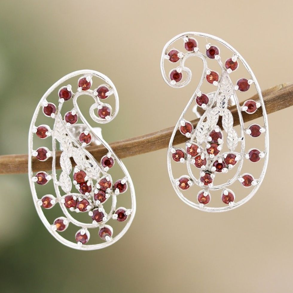 Sterling Silver Button Earrings with Natural Garnet Stones 'Active Passion'