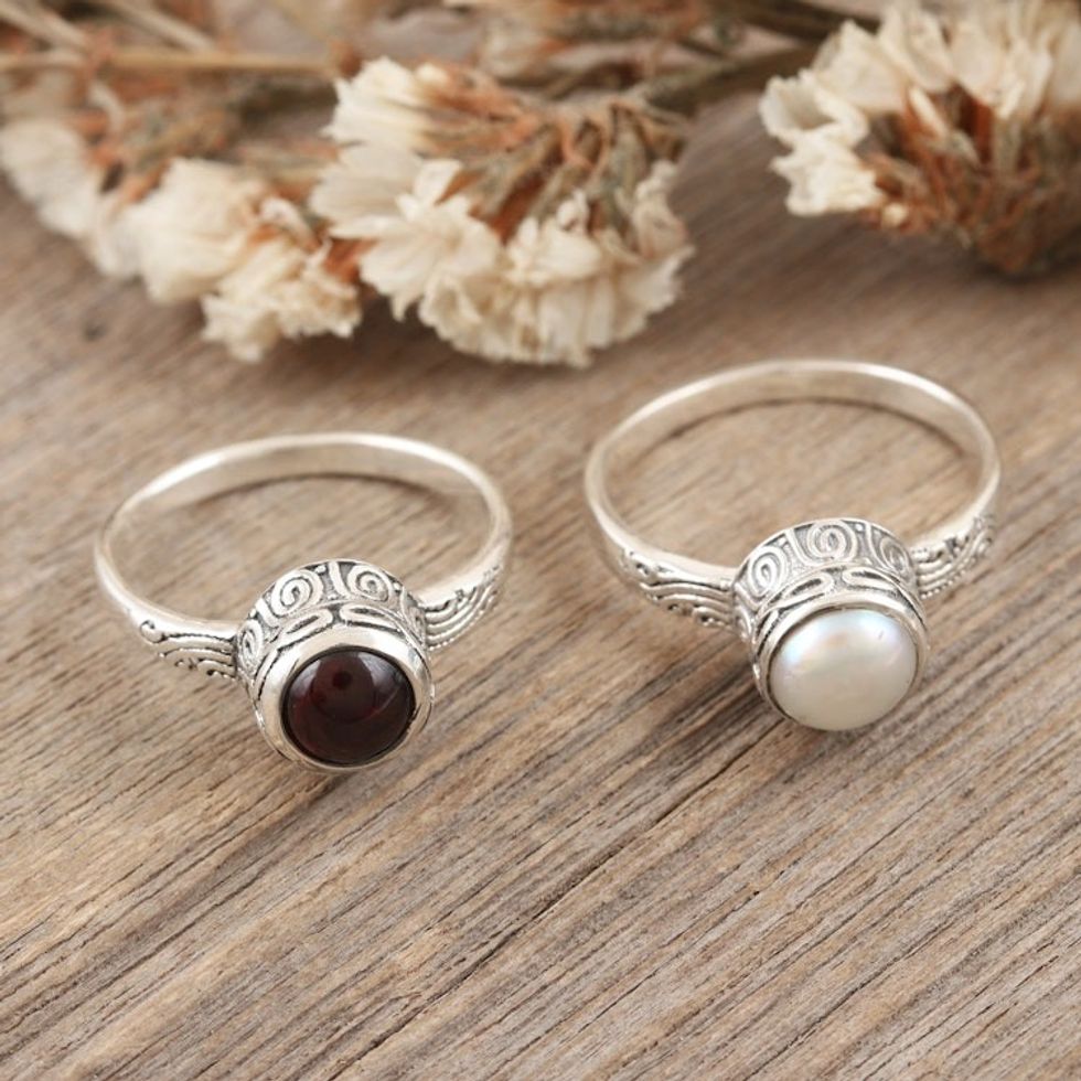 Set of 2 Garnet and Pearl Sterling Silver Single Stone Rings 'Ocean and Earth'