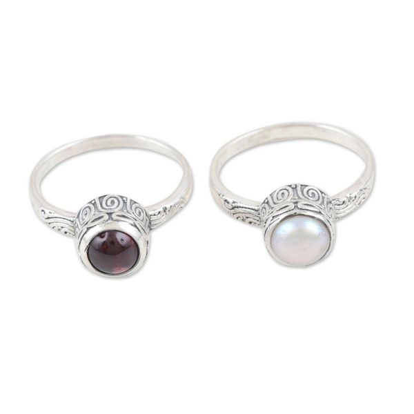 Alternate image for Set of 2 Garnet and Pearl Sterling Silver Single Stone Rings Ocean and Earth