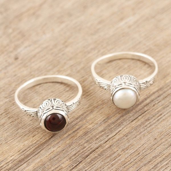 Alternate image for Set of 2 Garnet and Pearl Sterling Silver Single Stone Rings Ocean and Earth