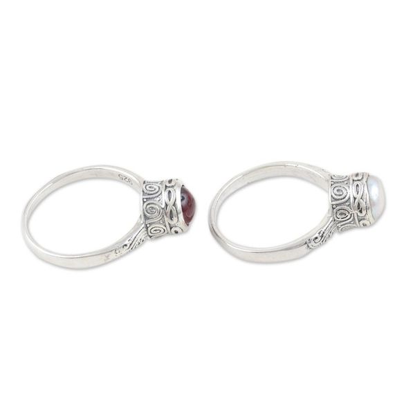 Alternate image for Set of 2 Garnet and Pearl Sterling Silver Single Stone Rings Ocean and Earth