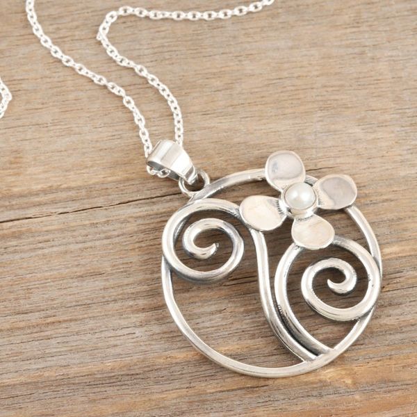 Alternate image for Floral Sterling Silver Pendant Necklace with Cultured Pearl Floral Style