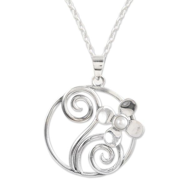 Alternate image for Floral Sterling Silver Pendant Necklace with Cultured Pearl Floral Style