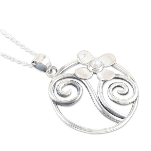 Alternate image for Floral Sterling Silver Pendant Necklace with Cultured Pearl Floral Style