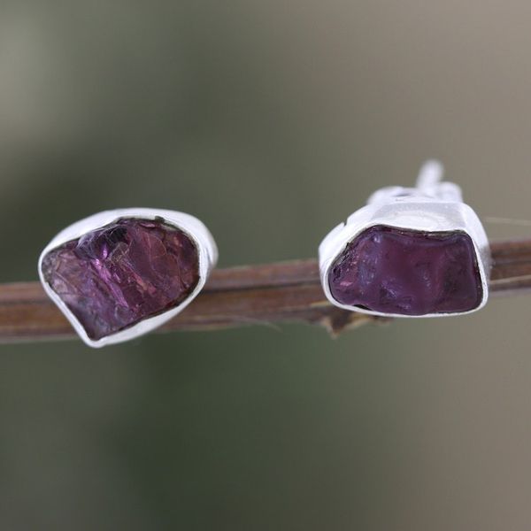 Alternate image for Sterling Silver Stud Earrings with Freeform Garnet Stones Liberated Perseverance