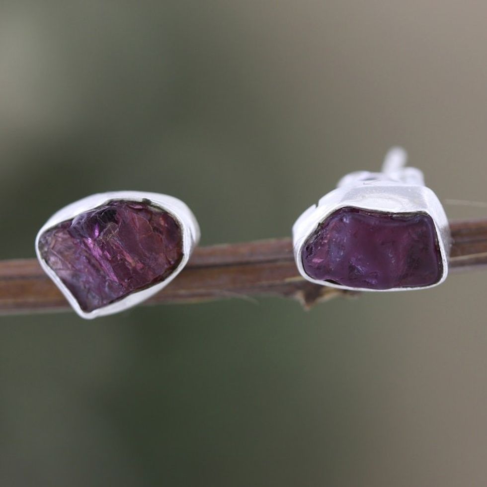 Sterling Silver Stud Earrings with Freeform Garnet Stones 'Liberated Perseverance'