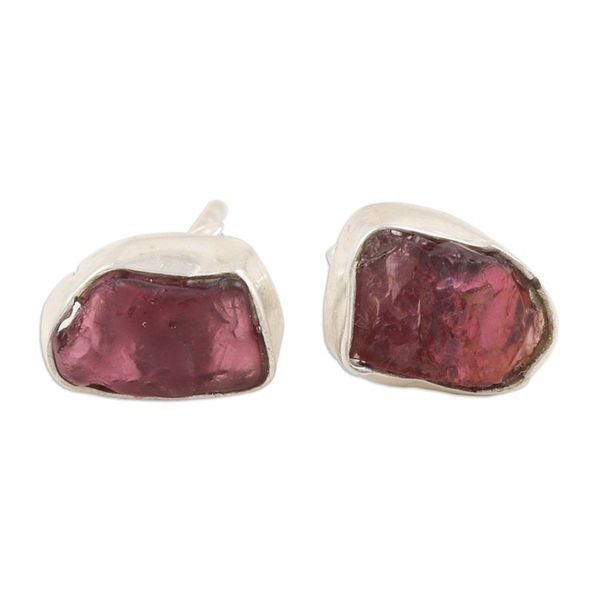 Alternate image for Sterling Silver Stud Earrings with Freeform Garnet Stones Liberated Perseverance