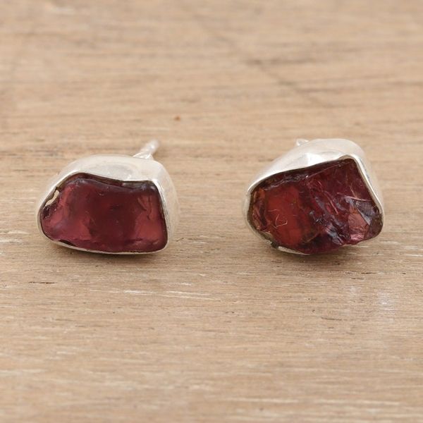 Alternate image for Sterling Silver Stud Earrings with Freeform Garnet Stones Liberated Perseverance