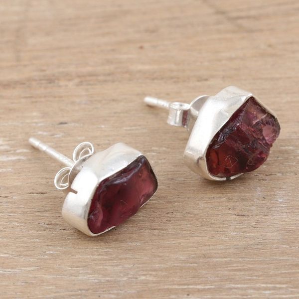 Alternate image for Sterling Silver Stud Earrings with Freeform Garnet Stones Liberated Perseverance