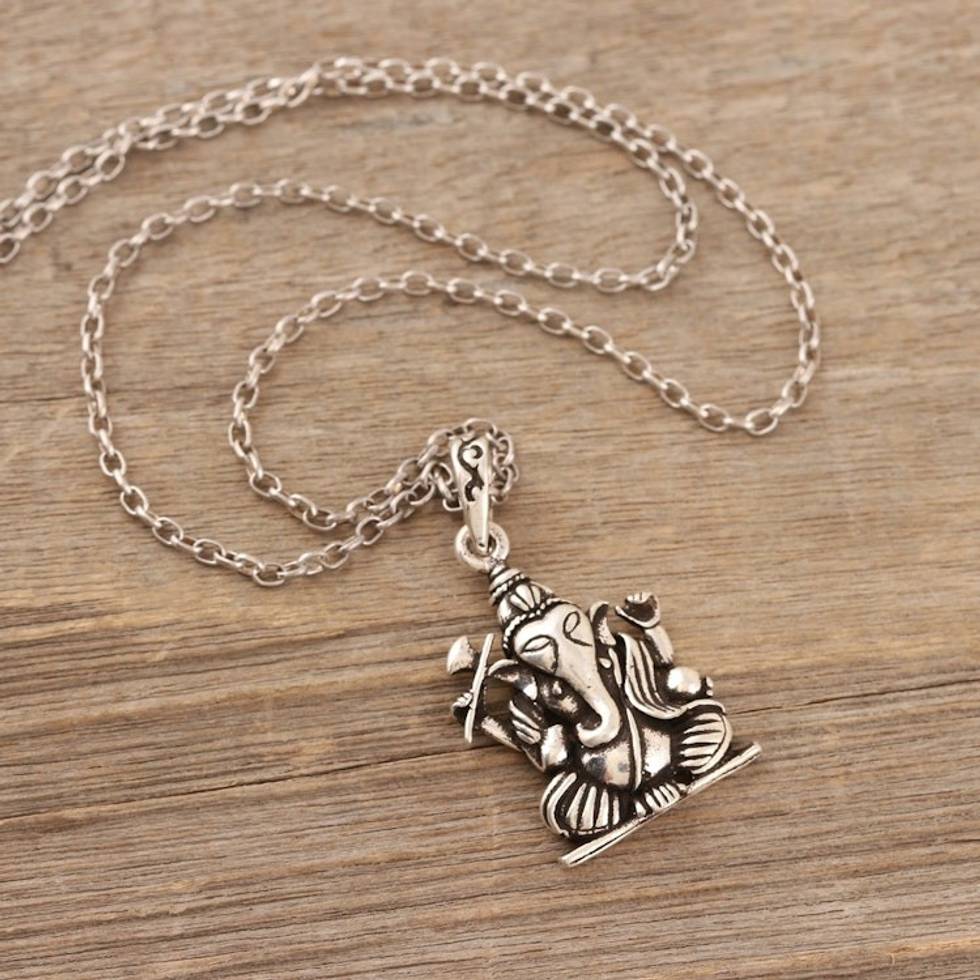 Hindu God Ganesha Themed Sterling Silver Pendant Necklace 'Spiritual Ganesha'