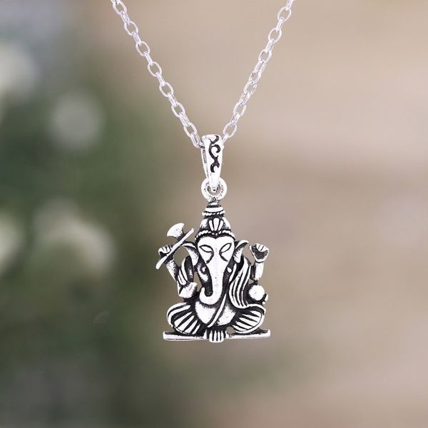 Alternate image for Hindu God Ganesha Themed Sterling Silver Pendant Necklace Spiritual Ganesha