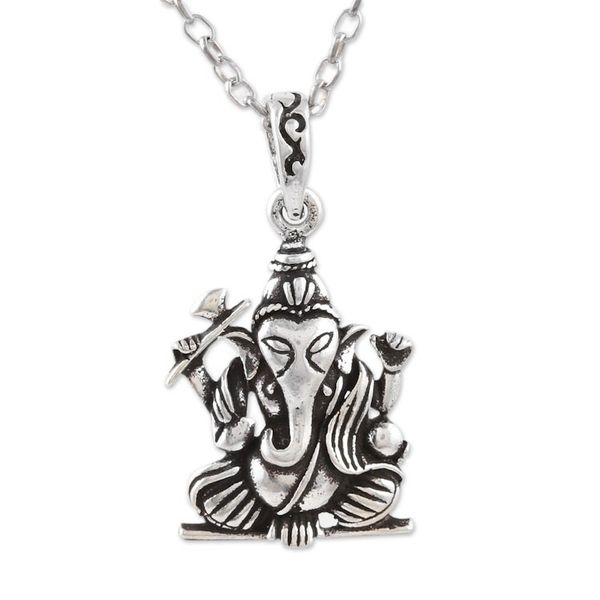 Alternate image for Hindu God Ganesha Themed Sterling Silver Pendant Necklace Spiritual Ganesha