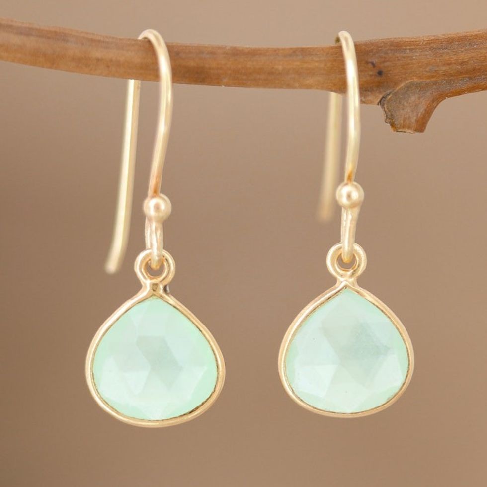 Aqua Chalcedony 22k Gold Plated Earrings 'Cool Stream'