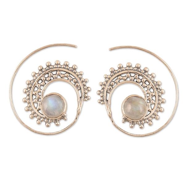 Alternate image for Sterling Silver Hoop Earrings with Rainbow Moonstones Indian Swirl