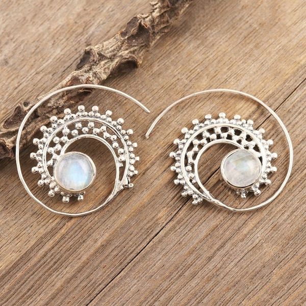 Alternate image for Sterling Silver Hoop Earrings with Rainbow Moonstones Indian Swirl