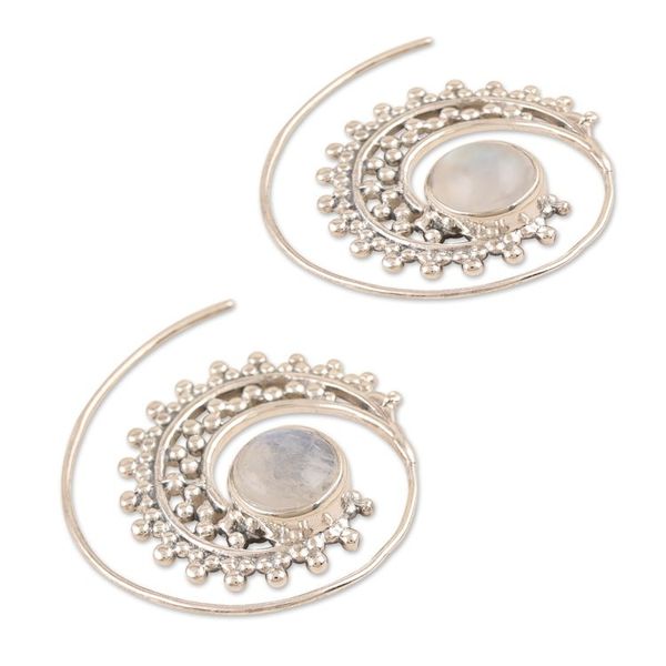 Alternate image for Sterling Silver Hoop Earrings with Rainbow Moonstones Indian Swirl