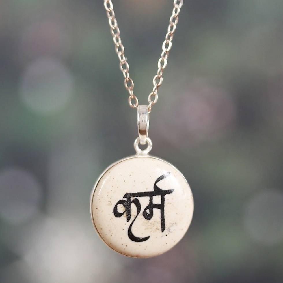 Handmade Ceramic and Sterling Silver Karma Pendant Necklace 'Emblem of Karma'