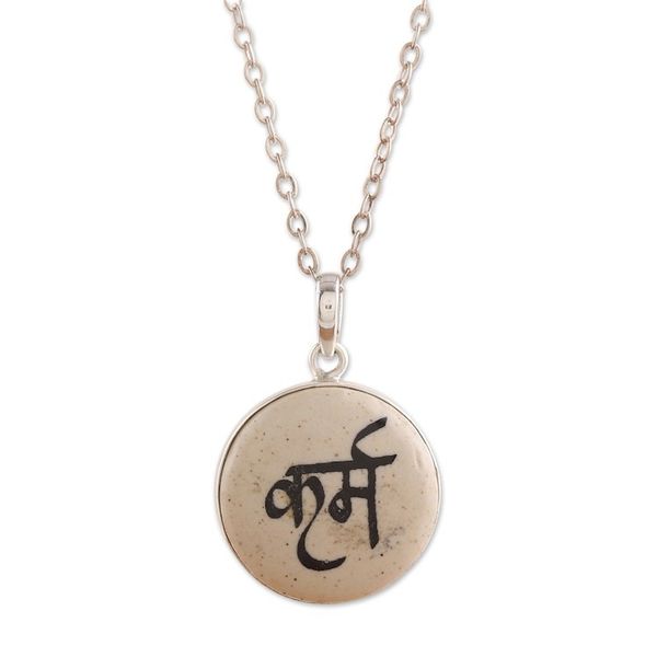 Alternate image for Handmade Ceramic and Sterling Silver Karma Pendant Necklace Emblem of Karma