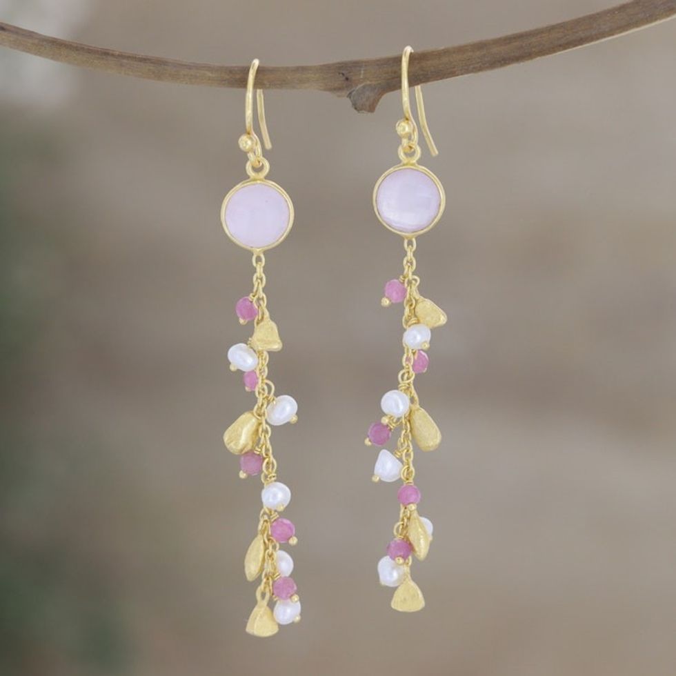 Gold-Plated Cultured Pearl and Chalcedony Dangle Earrings 'Pink Sea'