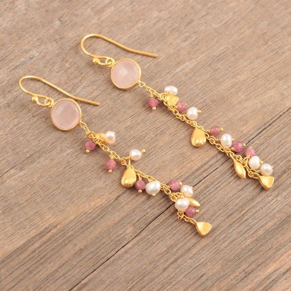 Alternate image for Gold-Plated Cultured Pearl and Chalcedony Dangle Earrings Pink Sea