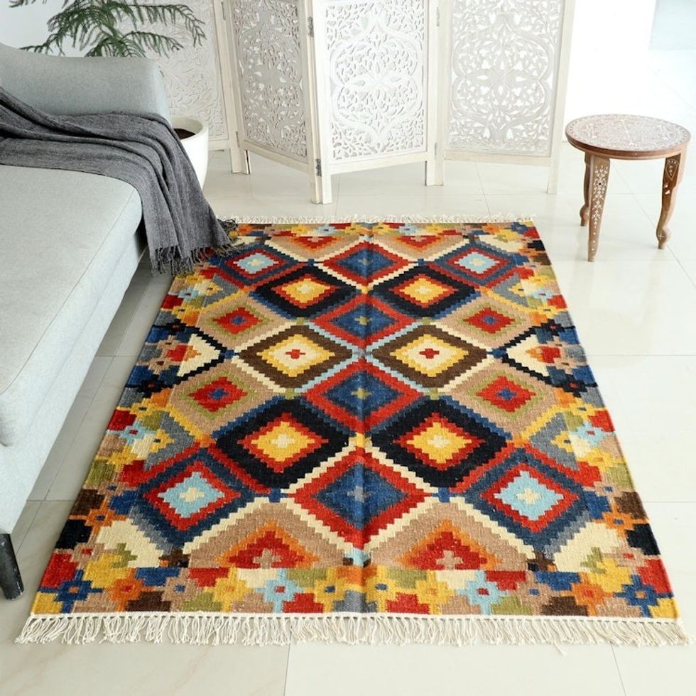 Hand-Woven Wool Area Rug with Cotton Warp 'Kaleidoscopic World'