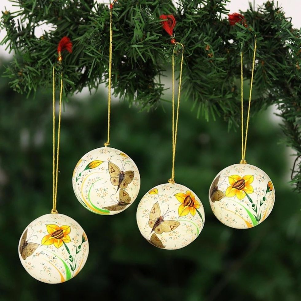 Handmade Papier-Mache Holiday Ornaments Set of 4 'Early Spring'