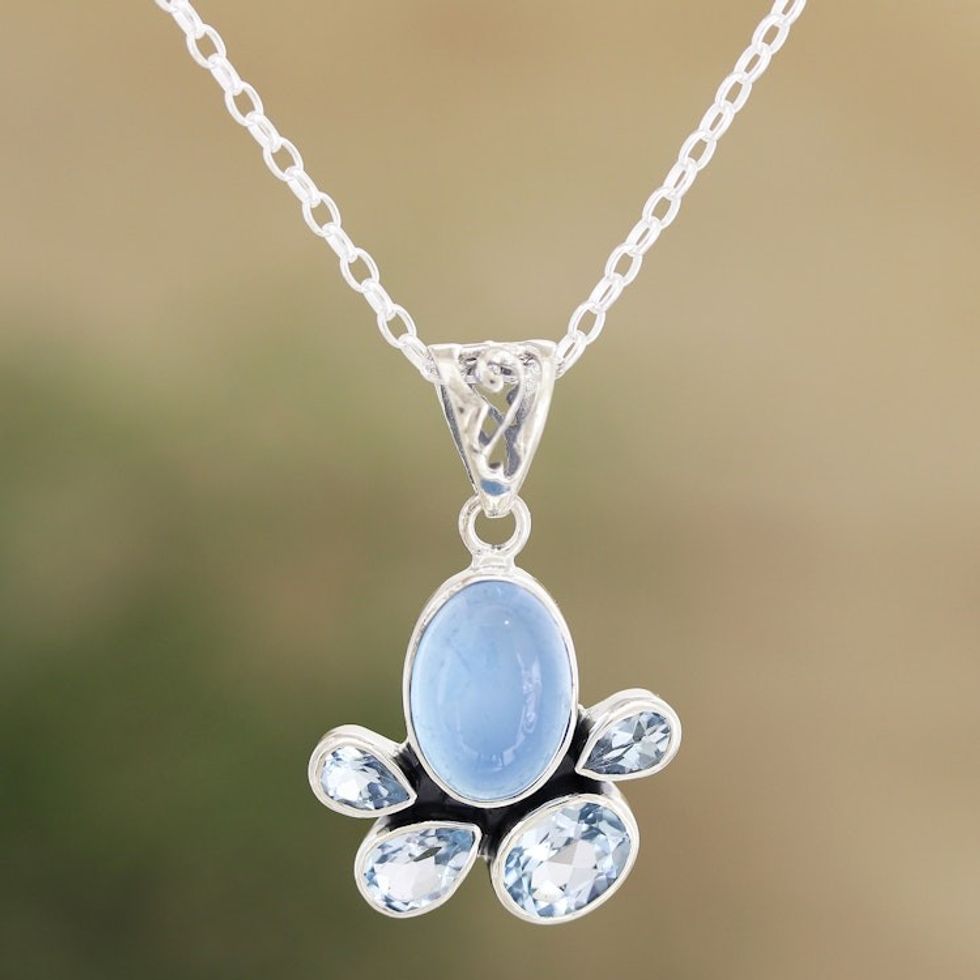 Handmade Chalcedony and Blue Topaz Pendant Necklace 'Upper Stratosphere'