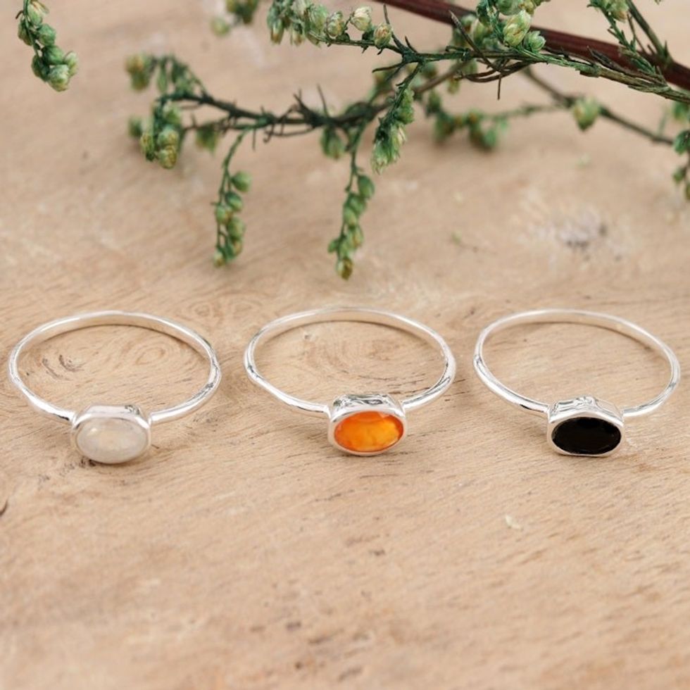Rainbow Moonstone and Onyx Single Stone Rings Set of 3 'Underground Rumor'