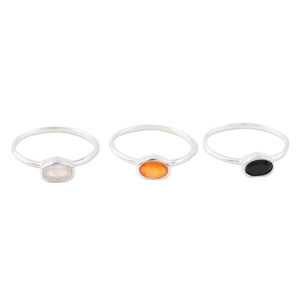 Alternate image for Rainbow Moonstone and Onyx Single Stone Rings Set of 3 Underground Rumor