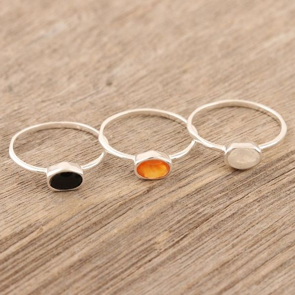 Alternate image for Rainbow Moonstone and Onyx Single Stone Rings Set of 3 Underground Rumor