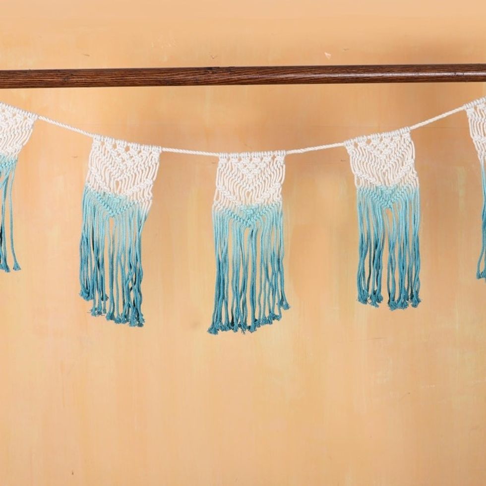 Blue and White Cotton Macrame Bunting 'Knotted Harmony'