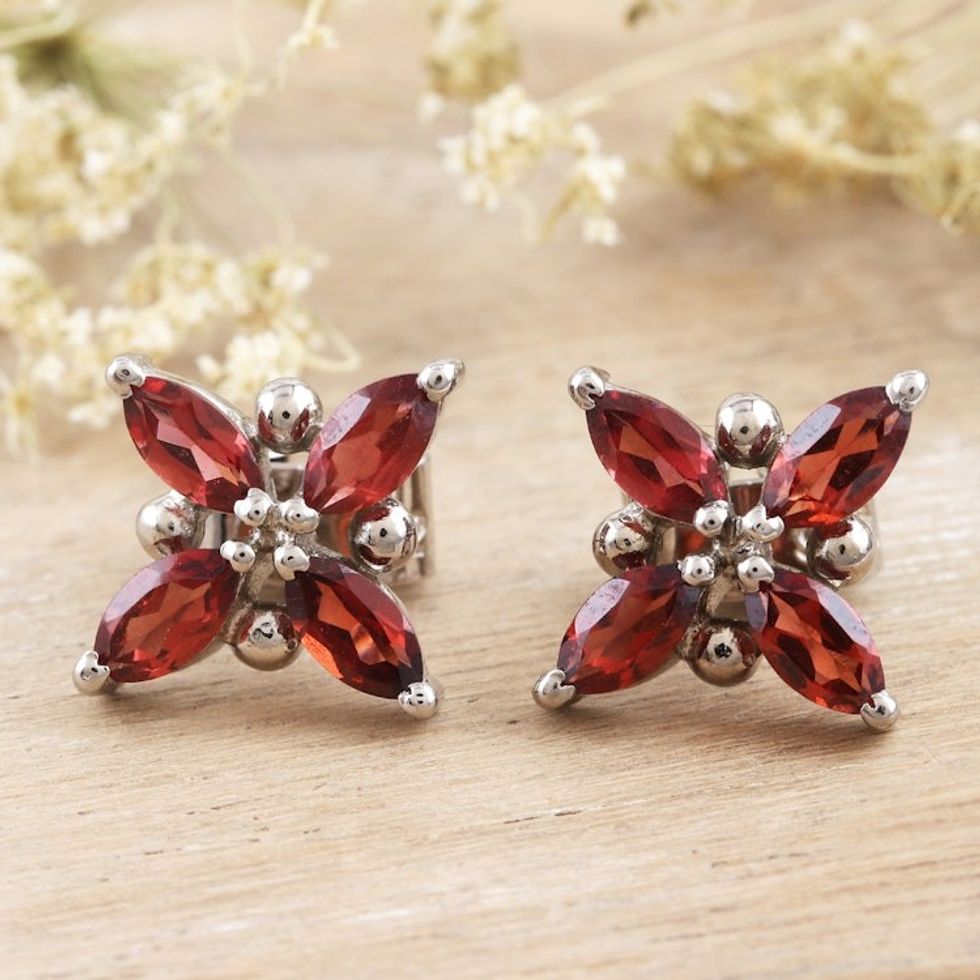 Rhodium-Plated Garnet Floral-Motif Button Earrings 'Red Petals'
