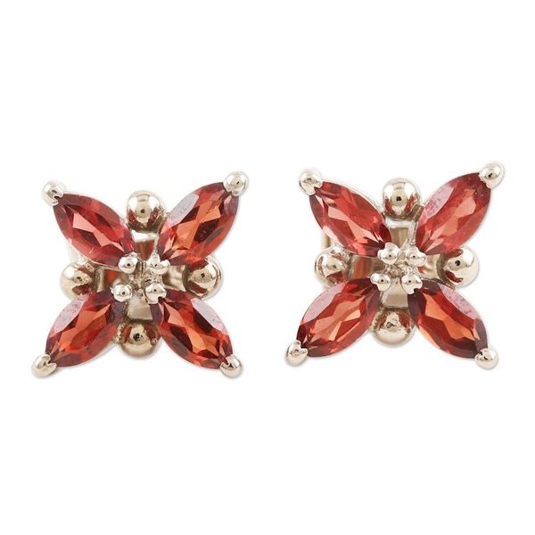 Alternate image for Rhodium-Plated Garnet Floral-Motif Button Earrings Red Petals