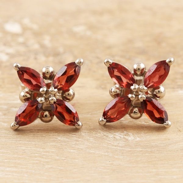 Alternate image for Rhodium-Plated Garnet Floral-Motif Button Earrings Red Petals