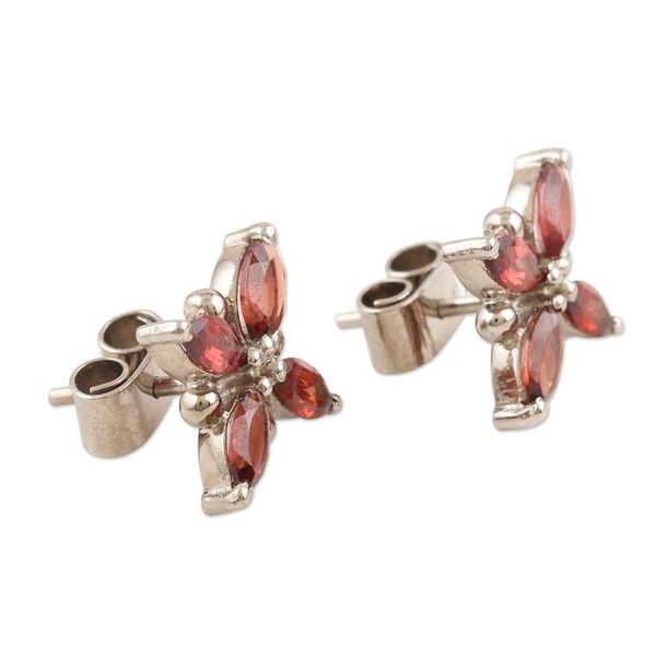 Alternate image for Rhodium-Plated Garnet Floral-Motif Button Earrings Red Petals