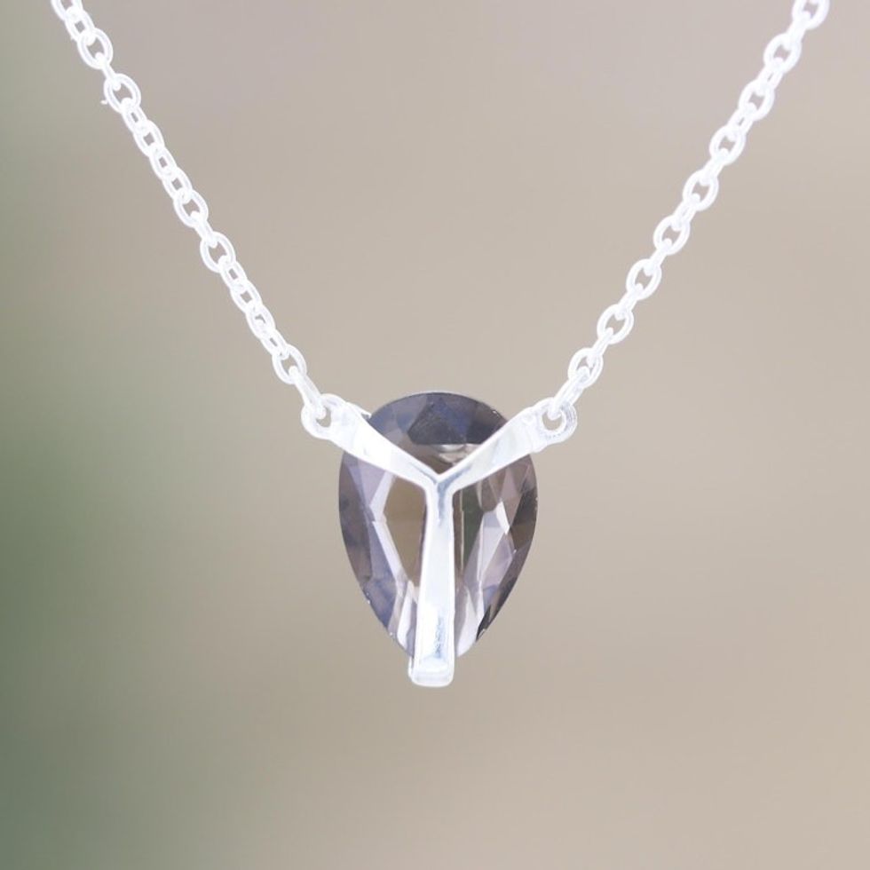 Smoky Quartz and Sterling Silver Pendant Necklace 'Air Kiss in Grey'