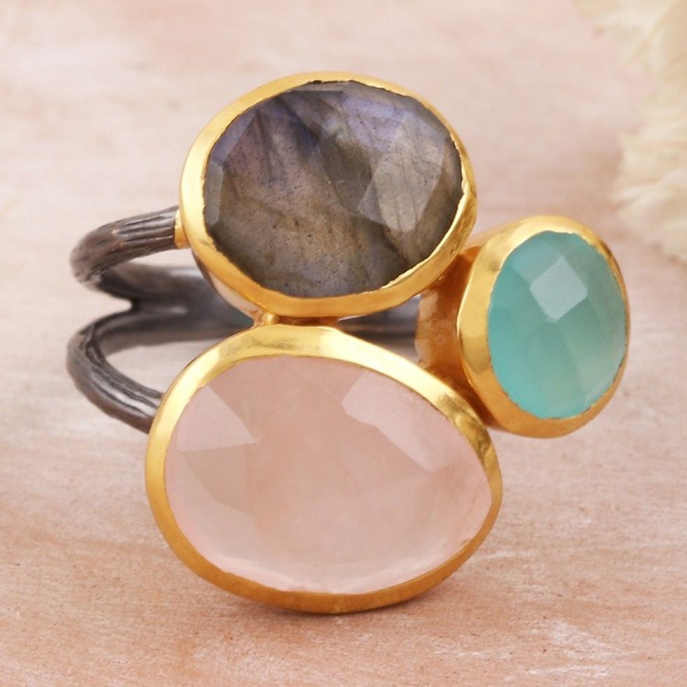 18k Gold-plated Sterling Silver Multi-stone Cocktail Ring 'Sparkling Blossoms in Gold'