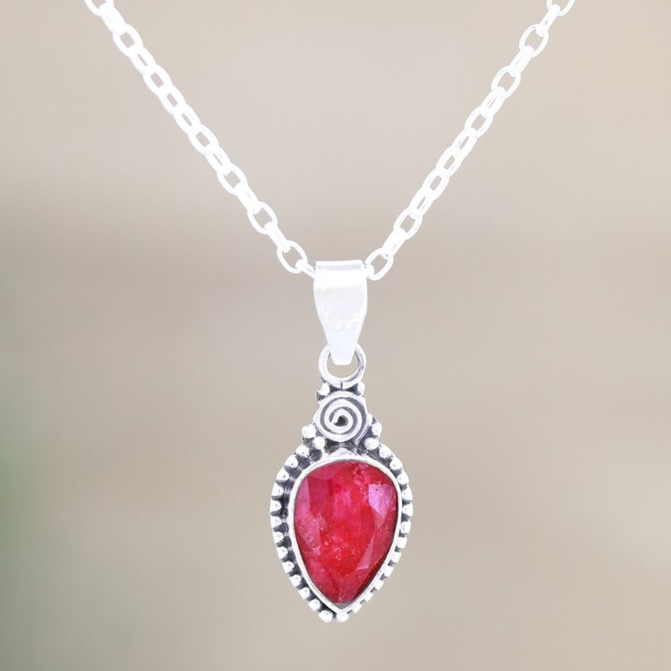 Hand Made Ruby and Sterling Silver Pendant Necklace 'Pink Rain'
