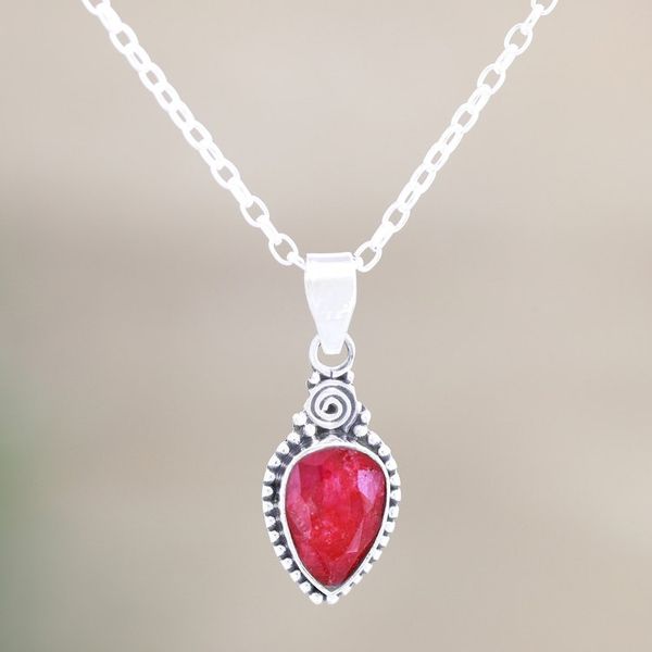 Alternate image for Hand Made Ruby and Sterling Silver Pendant Necklace Pink Rain