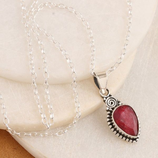 Alternate image for Hand Made Ruby and Sterling Silver Pendant Necklace Pink Rain