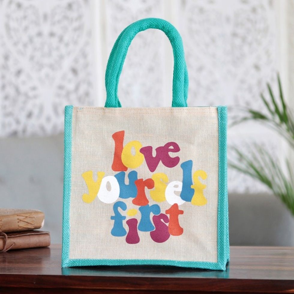 Jute and Cotton Blend Tote Bag Hand Crafted in India 'Love Yourself First'