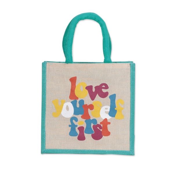 Alternate image for Jute and Cotton Blend Tote Bag Hand Crafted in India Love Yourself First