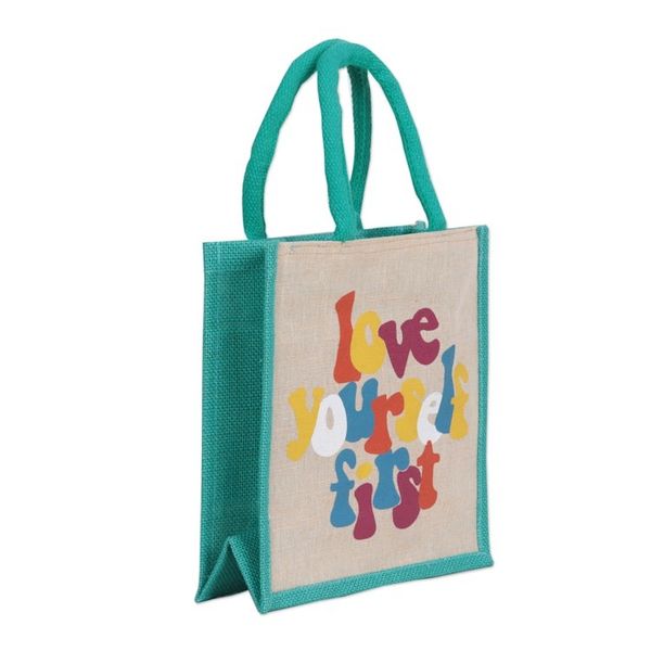 Alternate image for Jute and Cotton Blend Tote Bag Hand Crafted in India Love Yourself First