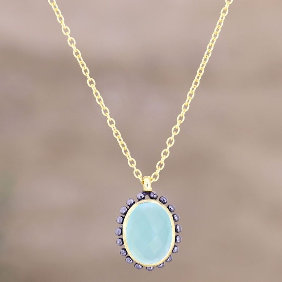 Handmade Gold-Plated Chalcedony Pendant Necklace 'Aqua Bloom'