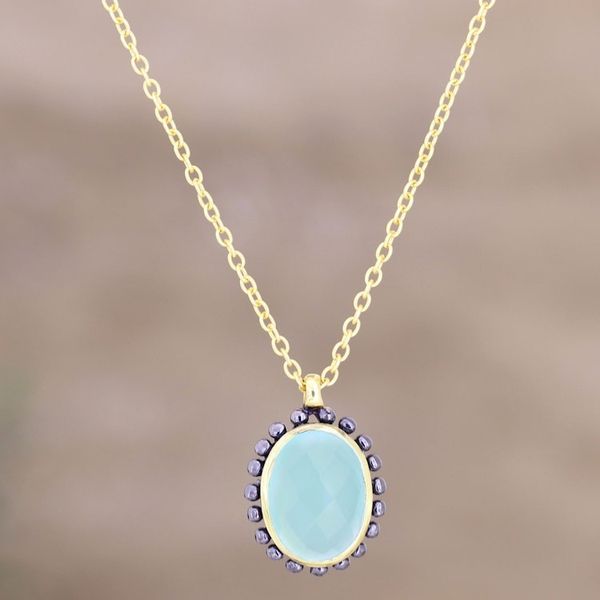 Alternate image for Handmade Gold-Plated Chalcedony Pendant Necklace Aqua Bloom