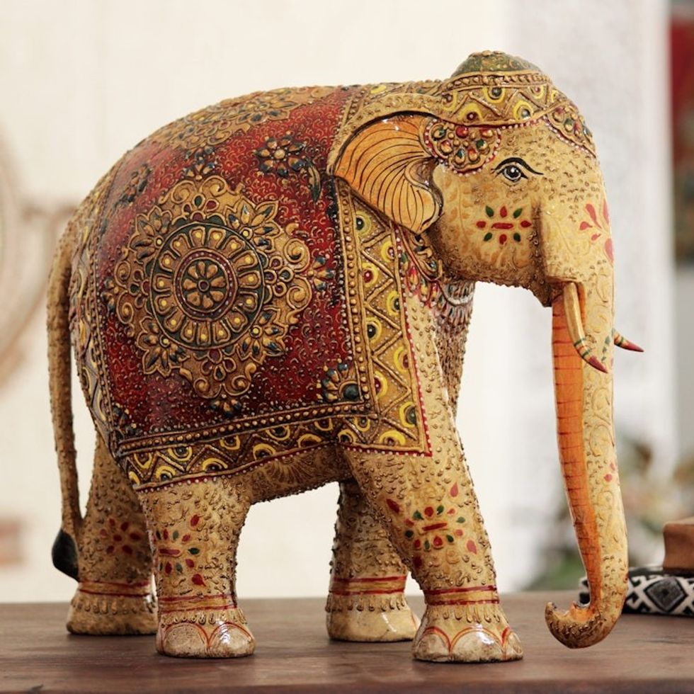 Wood Sculpture Hand-Painted in India 'Royal Elephant of Delhi'